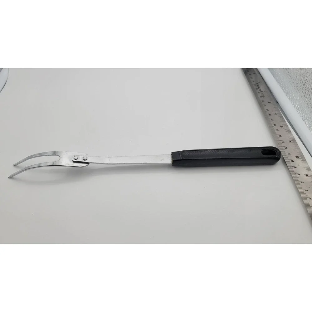 Vintage EKCO USA Stainless Steel Meat Carving Fork Black Textured Handle 10 inch
